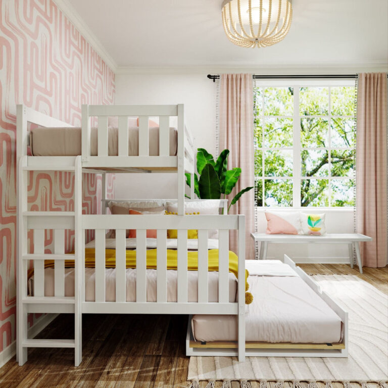 Max and Lily Twin Over Full Bunk Bed With Trundle and Ladder on End in White - full bedroom scene with the bunk bed, pull-out trundle extended, window and curtains