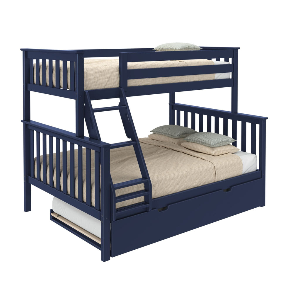 Max and Lily Twin Over Full Bunk Bed with Trundle in Blue - angled studio view showing the twin top bunk with guardrails, full lower bunk, slanted ladder and partially extended trundle