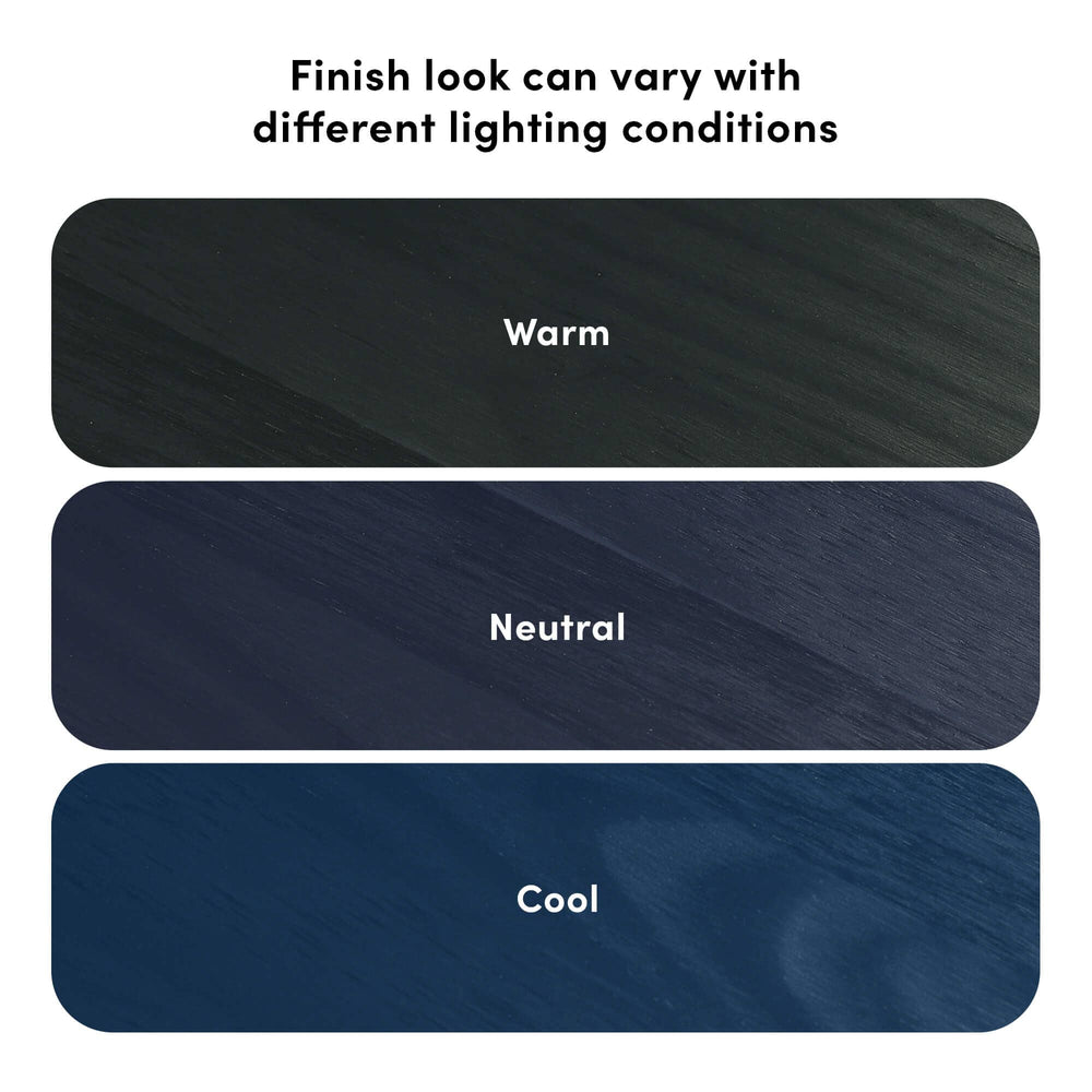 Max and Lily Twin Over Full Bunk Bed with Trundle in Blue - finish swatches showing how the wood colour appears under warm, neutral and cool lighting