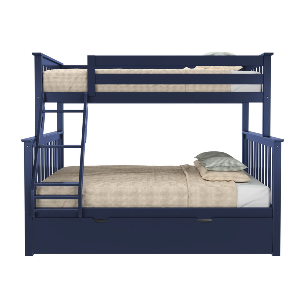 Max and Lily Twin Over Full Bunk Bed with Trundle in Blue - front studio view showing full-length top-bunk guardrails, angled ladder and the closed trundle drawer below