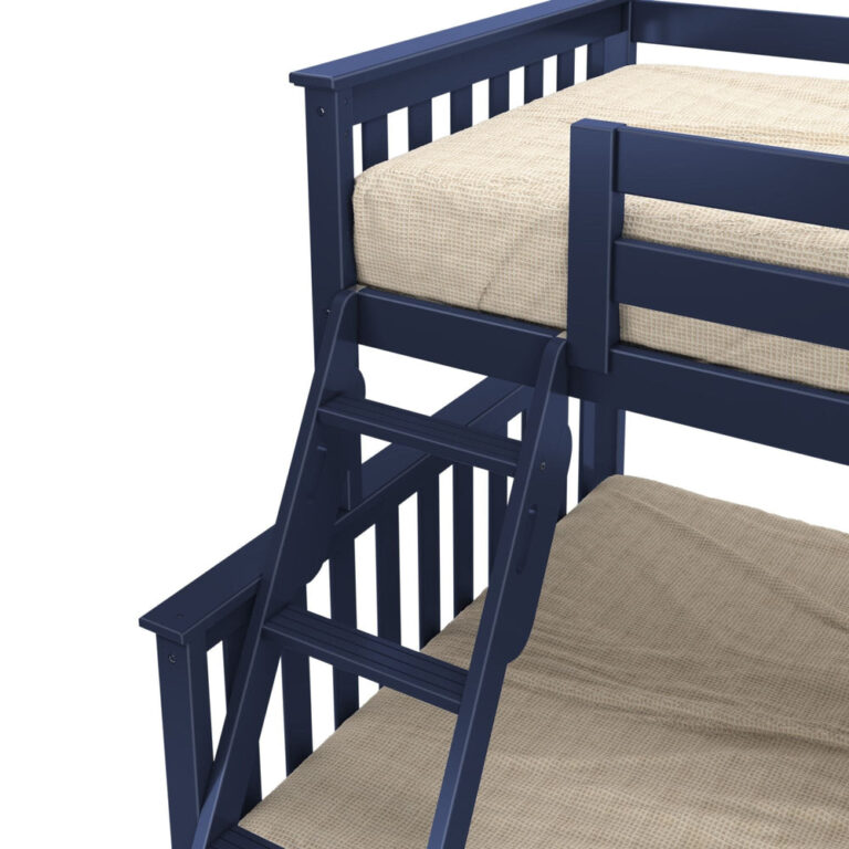 Max and Lily Twin Over Full Bunk Bed with Trundle in Blue - close-up of the angled ladder with wide grooved steps connecting the lower and upper bunks