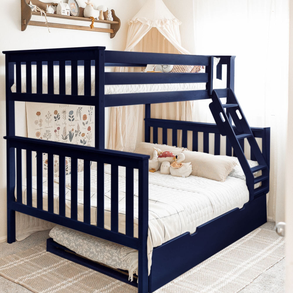 Max and Lily Twin Over Full Bunk Bed with Trundle in Blue - styled kids bedroom with the trundle tucked under the full-size lower bunk, angled ladder and safety guardrails on the top bunk