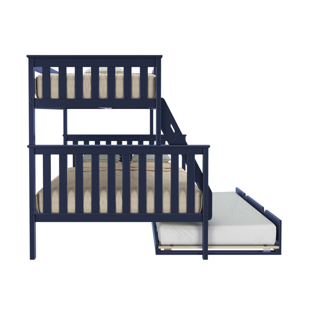 Max and Lily Twin Over Full Bunk Bed with Trundle in Blue - side studio view with the trundle bed fully extended from under the lower bunk