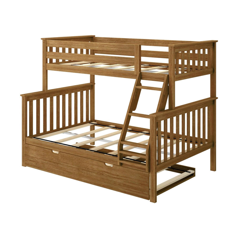 Max and Lily Twin Over Full Bunk Bed with Trundle in Pecan - angle view of the bare frame showing wood slat rolls, guardrails, angled ladder and under-bed trundle