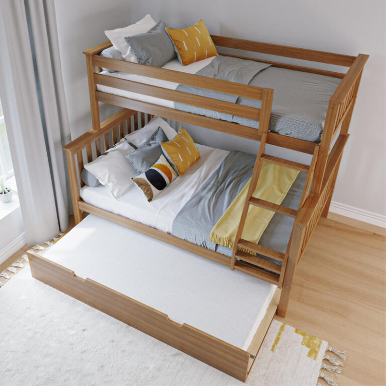 Max and Lily Twin Over Full Bunk Bed with Trundle in Pecan - overhead room view with both beds made up and the trundle extended with its mattress on a white rug