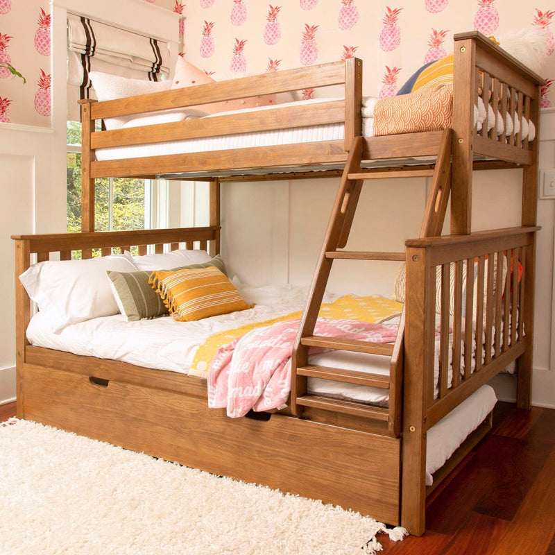 Max and Lily Twin Over Full Bunk Bed with Trundle in Pecan - angled room scene showing the twin bunk with safety guardrails over a full bed, angled ladder and closed trundle drawer on a shag rug