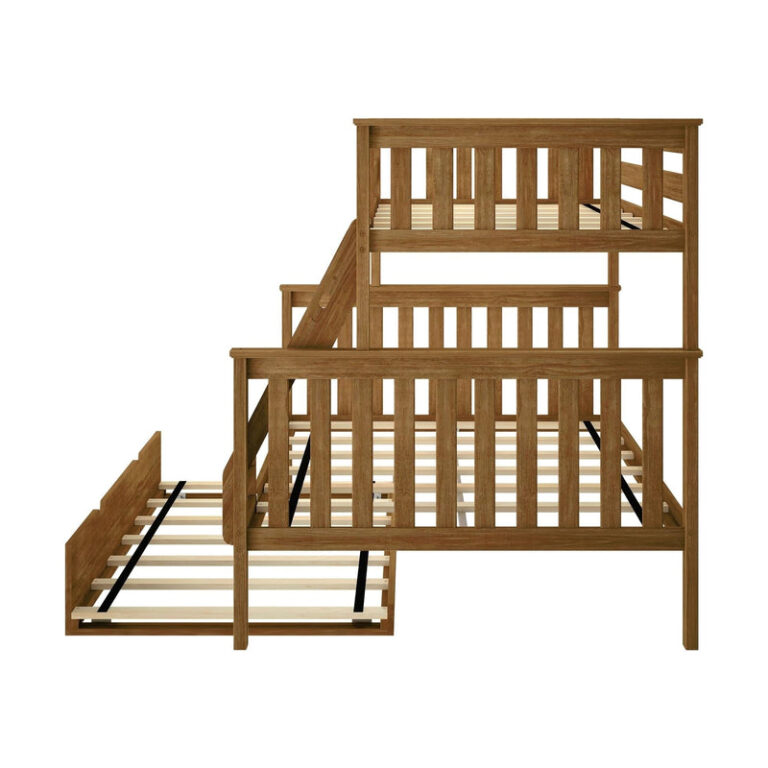 Max and Lily Twin Over Full Bunk Bed with Trundle in Pecan - side view of the frame with the trundle bed pulled out from under the full-size lower bunk