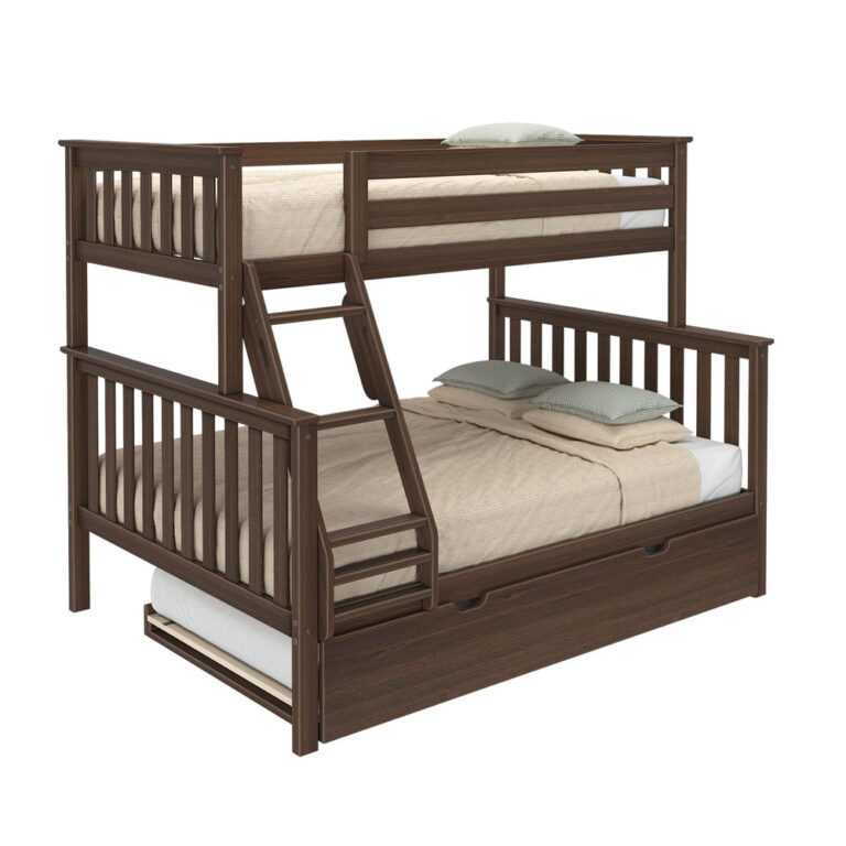 Max and Lily Twin Over Full Bunk Bed with Trundle in Walnut - angled studio view showing slatted guardrails, angled ladder, and the trundle with mattress sliding out beneath the full lower bunk