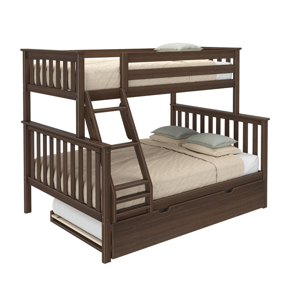 Max and Lily Twin Over Full Bunk Bed with Trundle in Walnut - angled studio view showing slatted guardrails, angled ladder, and the trundle with mattress sliding out beneath the full lower bunk