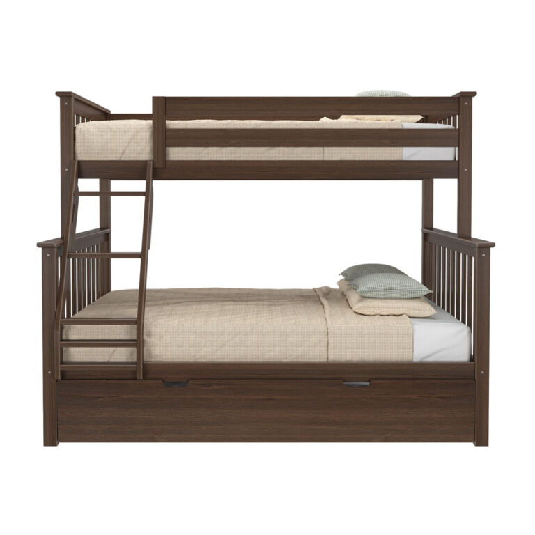 Max and Lily Twin Over Full Bunk Bed with Trundle in Walnut - front view showing the twin upper bunk with full guardrails, angled ladder, full lower bunk, and closed trundle drawer underneath