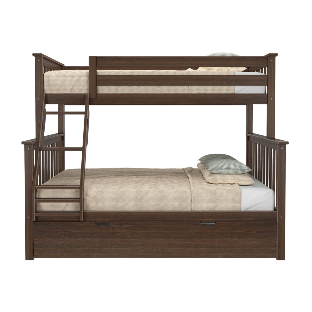 Max and Lily Twin Over Full Bunk Bed with Trundle in Walnut - front view showing the twin upper bunk with full guardrails, angled ladder, full lower bunk, and closed trundle drawer underneath