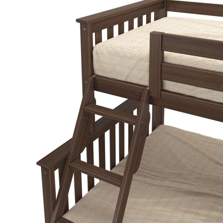 Max and Lily Twin Over Full Bunk Bed with Trundle in Walnut - closeup of the angled ladder, upper bunk guardrail, and lower bunk slatted end panel