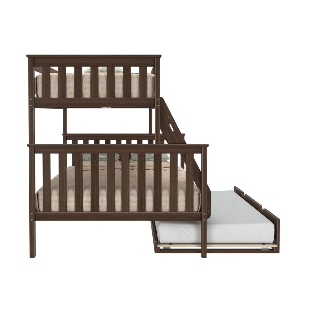 Max and Lily Twin Over Full Bunk Bed with Trundle in Walnut - side profile view with the trundle bed fully extended from beneath the full-size lower bunk