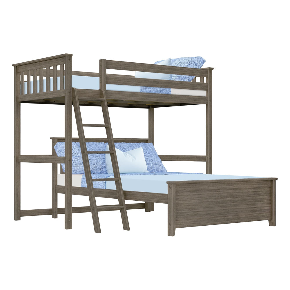 Max and Lily Twin Over Full L-Shaped Bunk Bed in clay - angled studio view showing the L-shaped layout with an upper twin bunk over a lower full bed and a slanted ladder.