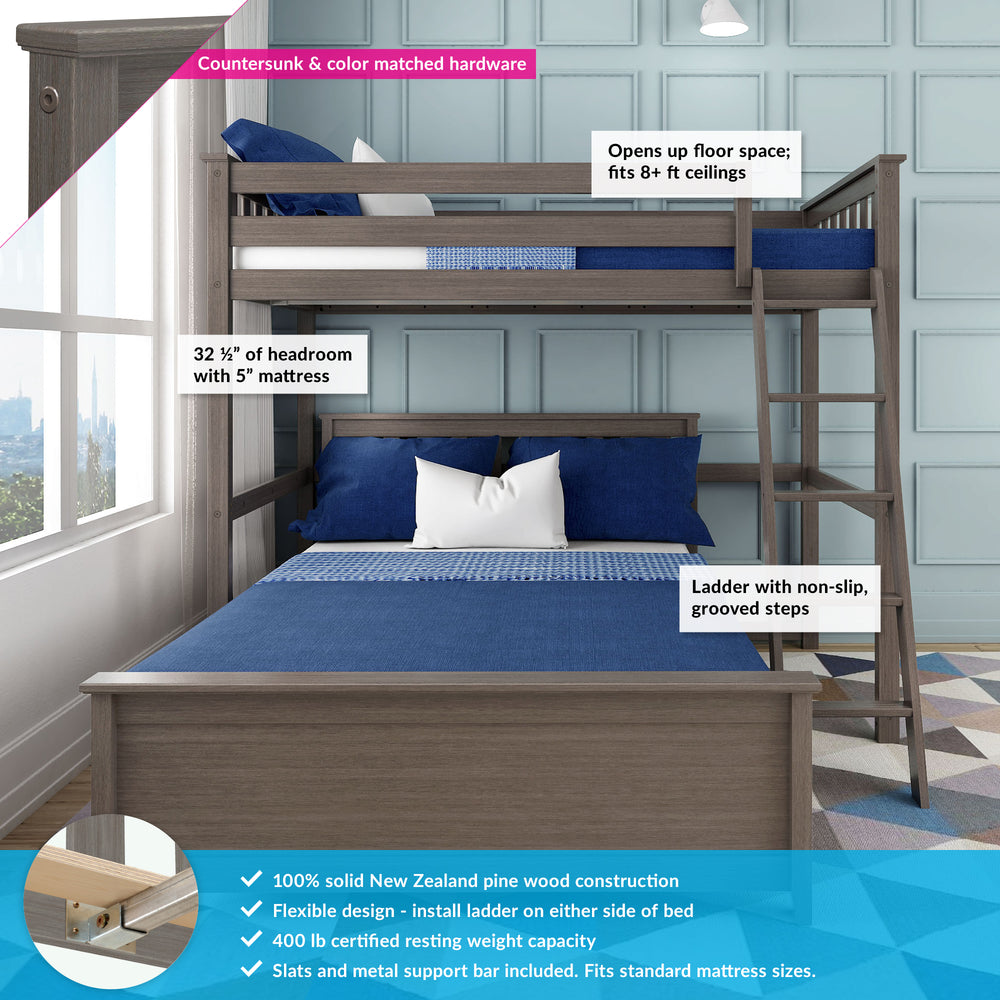 Max and Lily Twin Over Full L-Shaped Bunk Bed in clay - annotated diagram highlighting 32.5 inch upper-bunk headroom, 400 lb weight capacity, non-slip grooved ladder steps and solid pine construction.