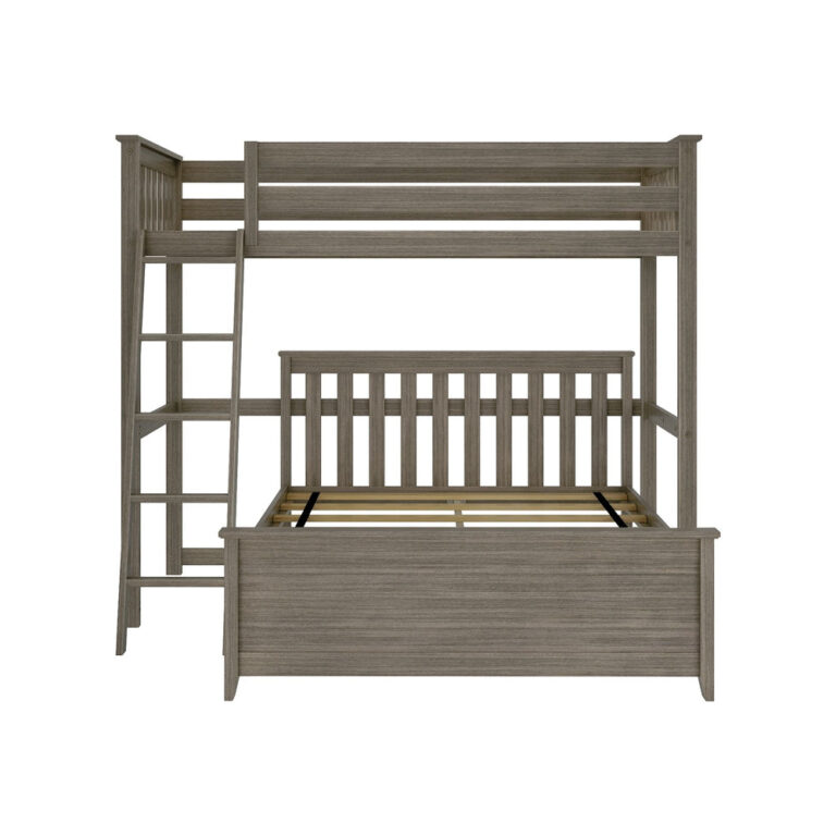Max and Lily Twin Over Full L-Shaped Bunk Bed in clay - front studio view showing the wood slat supports, ladder and panel footboards without mattresses.