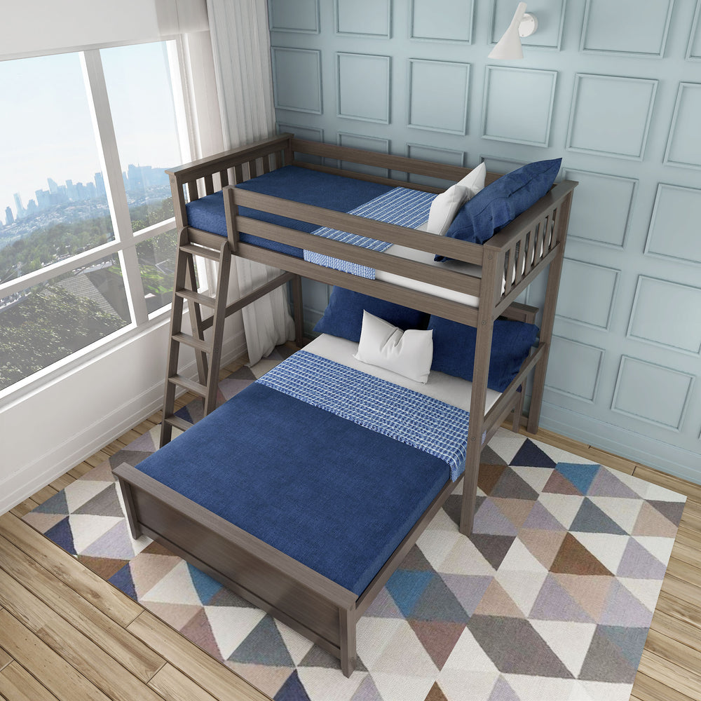 Max and Lily Twin Over Full L-Shaped Bunk Bed in clay - elevated room view showing the upper twin bunk with safety guardrails above the lower full bed and side ladder.