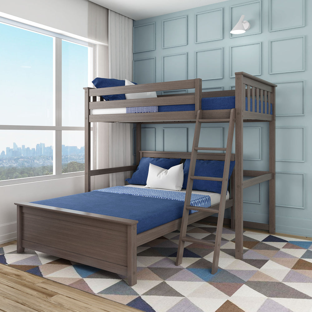 Max and Lily Twin Over Full L-Shaped Bunk Bed in clay - styled in a blue bedroom with a slanted ladder, navy bedding and a lower full bed beside the upper twin bunk.
