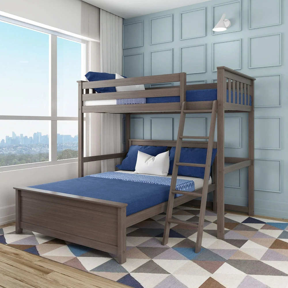 Max and Lily Twin Over Full L-Shaped Bunk Bed in clay - styled in a blue bedroom with a slanted ladder, navy bedding and a lower full bed beside the upper twin bunk.