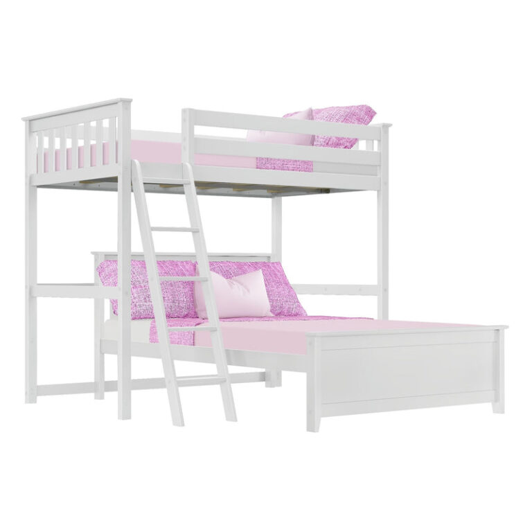 Max and Lily Twin Over Full L-Shaped Bunk Bed in White - angled studio view of the L-shaped frame showing the upper twin bunk and lower full bed