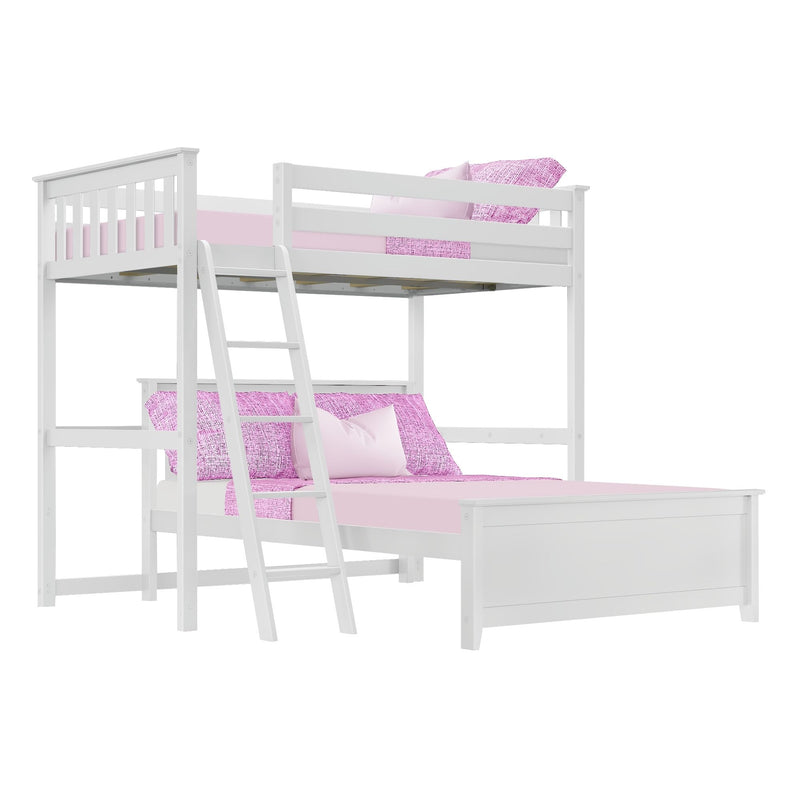 Max and Lily Twin Over Full L-Shaped Bunk Bed in White - angled studio view of the L-shaped frame showing the upper twin bunk and lower full bed