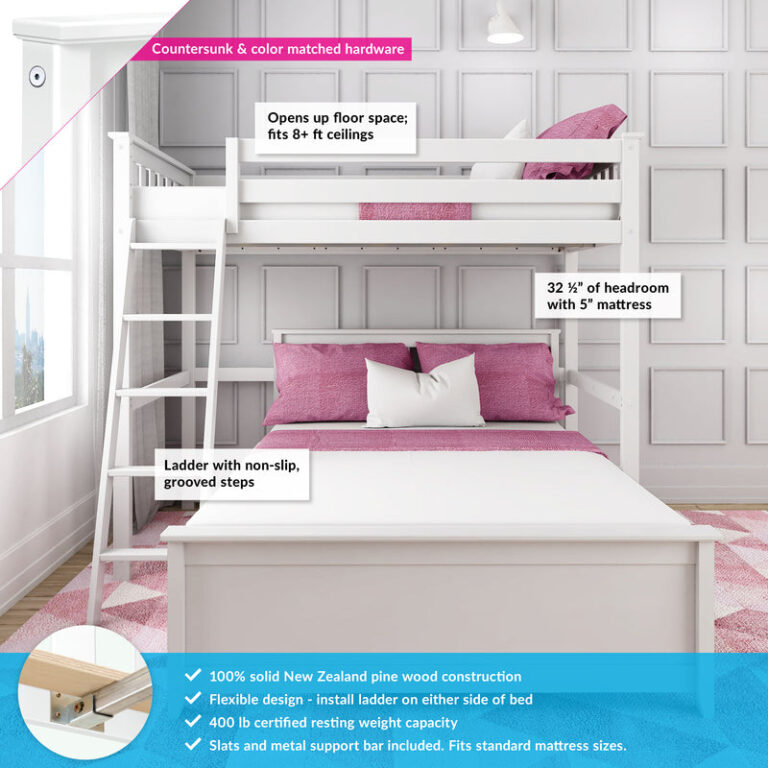 Max and Lily Twin Over Full L-Shaped Bunk Bed in White - annotated diagram highlighting non-slip ladder steps, headroom clearance, and solid pine construction with certified weight capacity