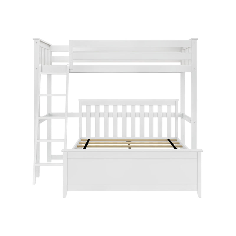 Max and Lily Twin Over Full L-Shaped Bunk Bed in White - front studio view of the bare frame with slat supports and attached ladder