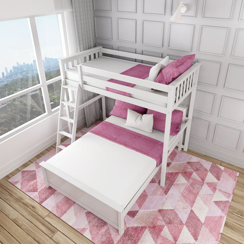 Max and Lily Twin Over Full L-Shaped Bunk Bed in White - overhead room view of the bunk with pink bedding and a patterned area rug