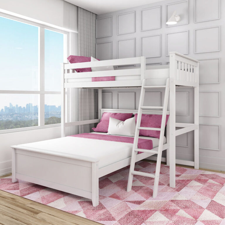 Max and Lily Twin Over Full L-Shaped Bunk Bed in White - full bedroom setting with the twin loft bunk over a perpendicular full bed, side ladder, and pink bedding