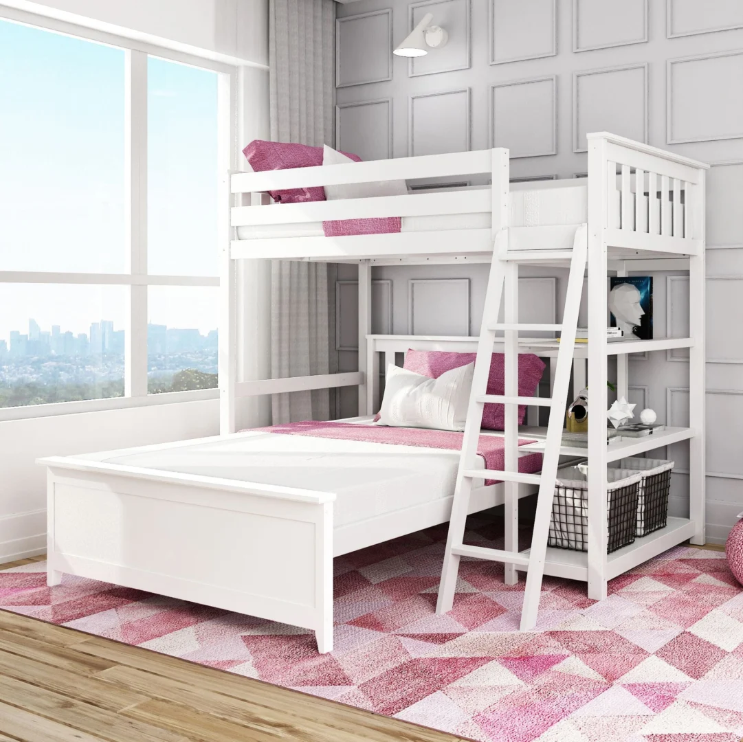 Max and Lily Twin Over Full L-Shaped Bunk Bed With Bookcase in White - styled kids' room scene with pink bedding, safety guardrails on the top bunk, angled ladder, and bookcase shelves holding wire storage baskets