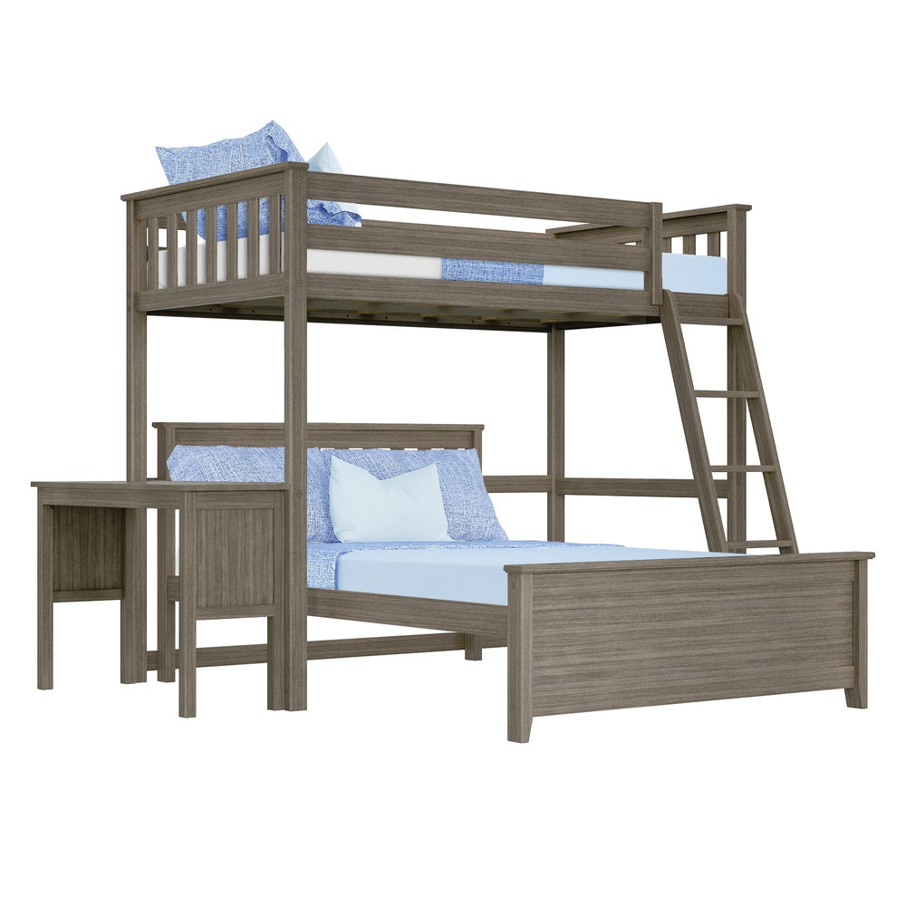 Max and Lily Twin Over Full L-Shaped Bunk Bed With Desk in Clay - angled studio view of the L-shaped bunk with the upper twin, lower full bed, side ladder, and attached desk