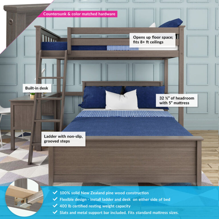 Max and Lily Twin Over Full L-Shaped Bunk Bed With Desk in Clay - labelled feature callouts highlighting the built-in desk, non-slip grooved ladder steps, 32.5 inches of headroom, and 400 lb weight capacity