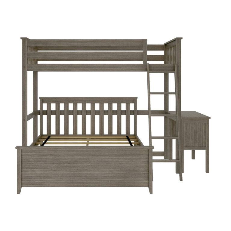 Max and Lily Twin Over Full L-Shaped Bunk Bed With Desk in Clay - front studio view showing the frame, guardrails, exposed slat supports, and built-in desk
