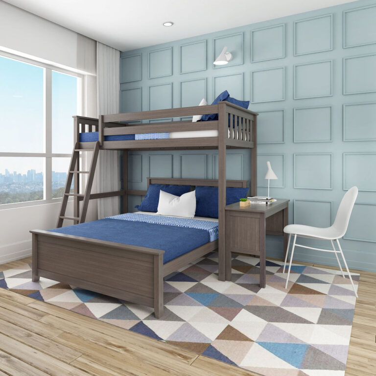 Max and Lily Twin Over Full L-Shaped Bunk Bed With Desk in Clay - styled bedroom scene showing the upper twin bunk over a full bed with a matching built-in desk, side ladder, and white chair
