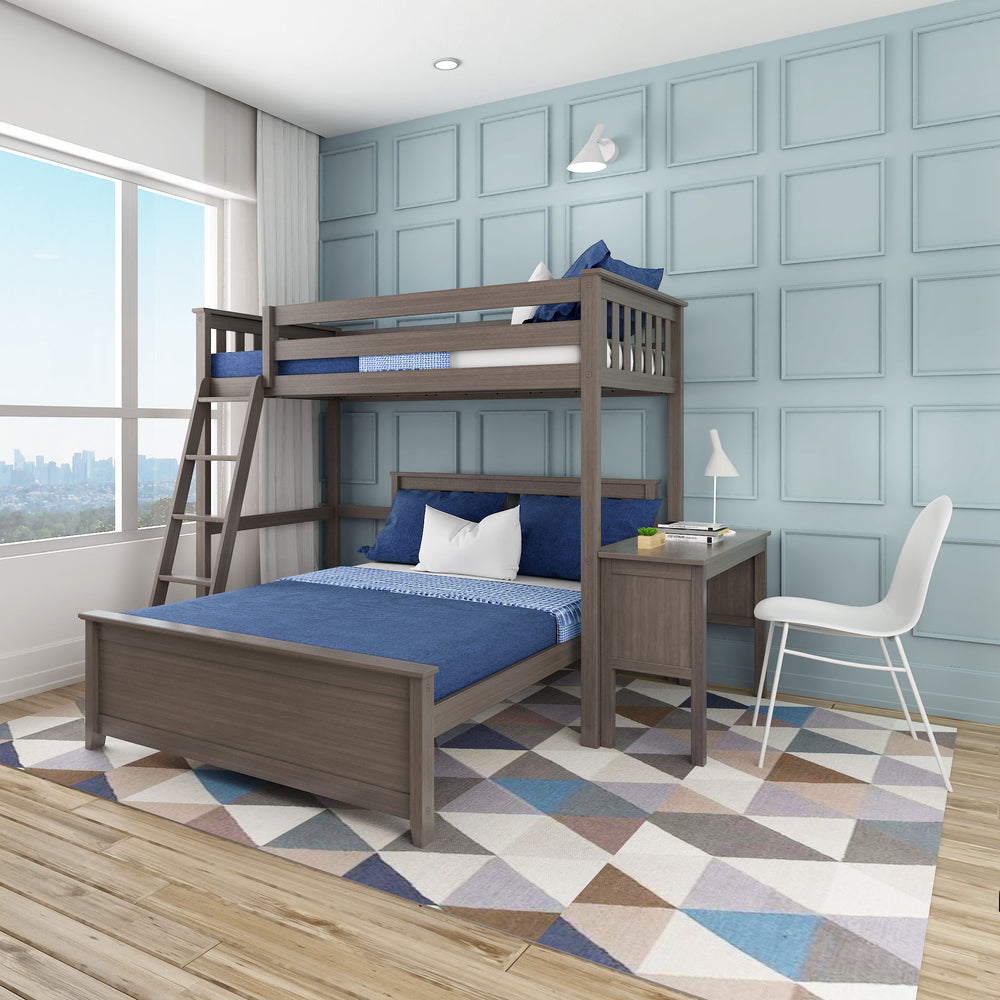 Max and Lily Twin Over Full L-Shaped Bunk Bed With Desk in Clay - styled bedroom scene showing the upper twin bunk over a full bed with a matching built-in desk, side ladder, and white chair