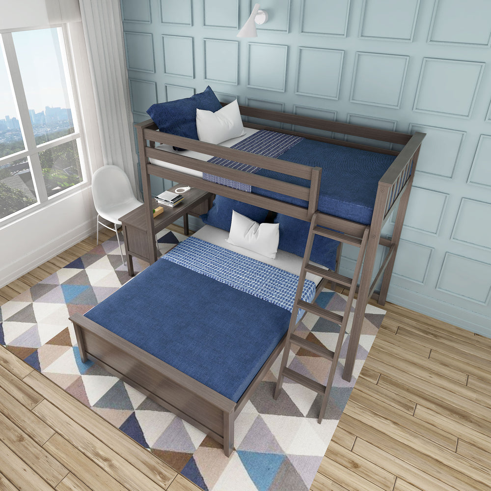 Max and Lily Twin Over Full L-Shaped Bunk Bed With Desk in Clay - overhead view of the styled bedroom showing the upper twin bunk, lower full bed, and matching desk with chair