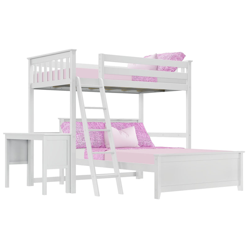 Max and Lily Twin Over Full L-Shaped Bunk Bed With Desk in White shown at an angle with the top bunk over a full bed, attached desk and ladder.