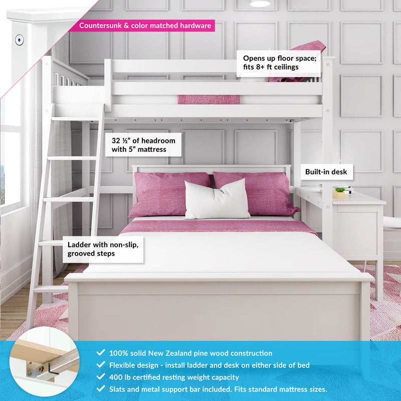 Max and Lily Twin Over Full L-Shaped Bunk Bed With Desk in White with callouts noting 32.5 inches of headroom, a built-in desk, non-slip ladder and 400 lb weight capacity.