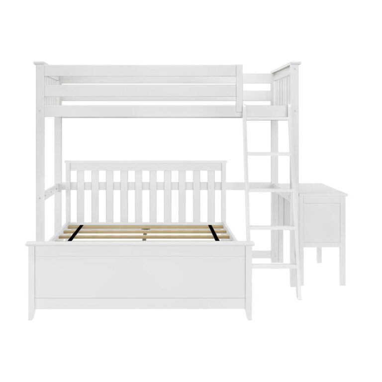 Max and Lily Twin Over Full L-Shaped Bunk Bed With Desk in White seen from the front with mattresses removed to reveal the wooden slat supports and desk.