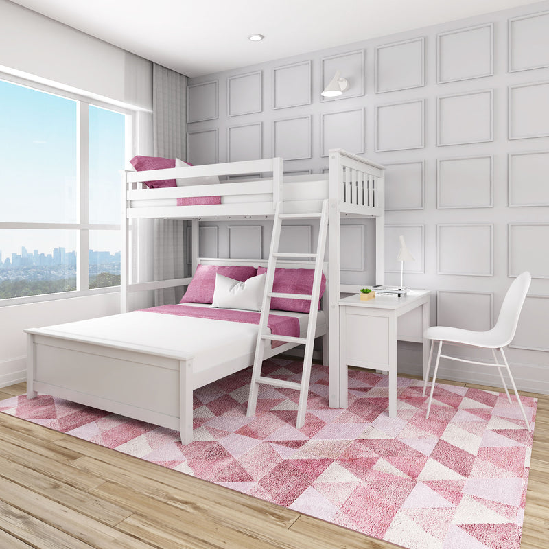 Max and Lily Twin Over Full L-Shaped Bunk Bed With Desk in White styled in a bedroom with the built-in desk, chair, ladder and a bright window.