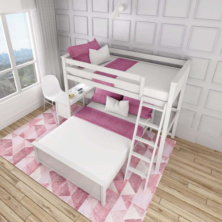 Max and Lily Twin Over Full L-Shaped Bunk Bed With Desk in White viewed from above in a bedroom with the built-in desk, chair and ladder.