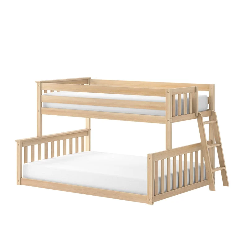 Max and Lily Twin Over Full Low Bunk Bed in Blonde - angled product view on a white background showing the slatted guardrails and slanted ladder.