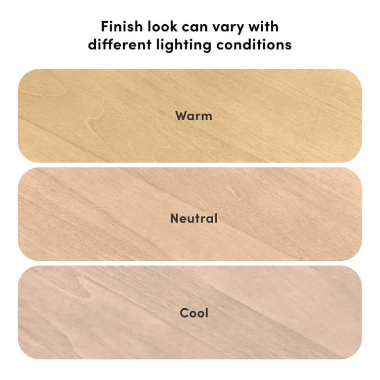 Max and Lily Twin Over Full Low Bunk Bed in Blonde - finish comparison showing the wood grain under warm, neutral, and cool lighting conditions.