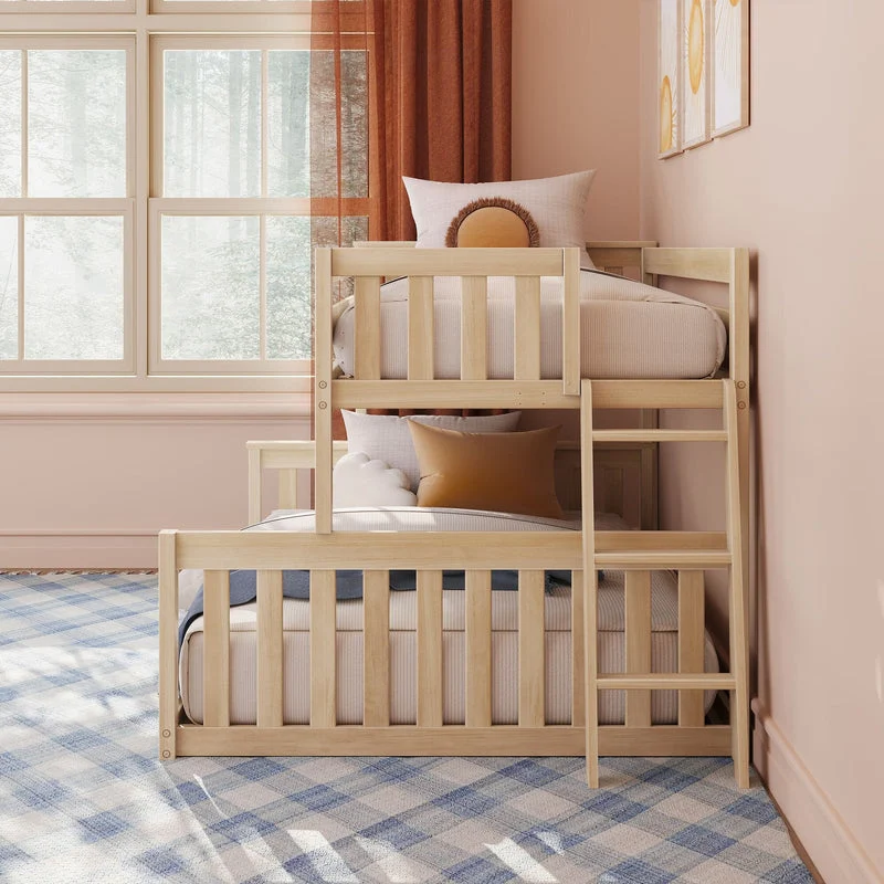 Max and Lily Twin Over Full Low Bunk Bed in Blonde - corner room scene with the bunk bed and ladder beside a large window overlooking woods.