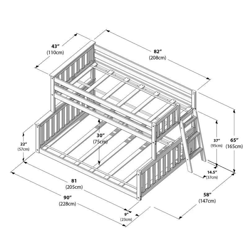 Max and Lily Twin Over Full Low Bunk Bed - dimensions diagram labelling the bed's width, length, and height measurements in inches and centimetres.