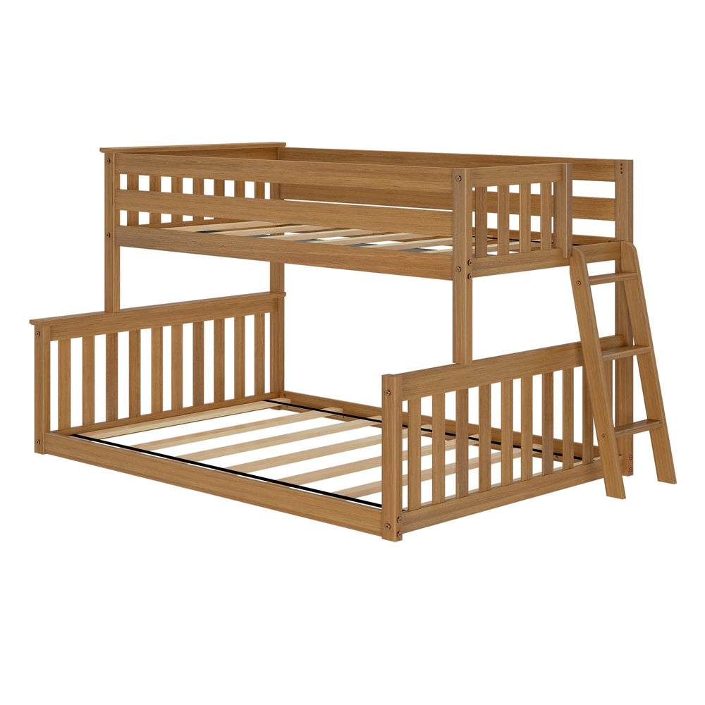 Max and Lily Twin Over Full Low Bunk Bed in Pecan - angled studio view showing the slatted guardrails, end ladder, and low profile