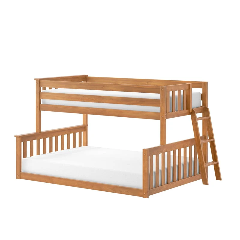 Max and Lily Twin Over Full Low Bunk Bed in Pecan - angled studio view showing the full-length guardrails, side ladder, and lower full mattress