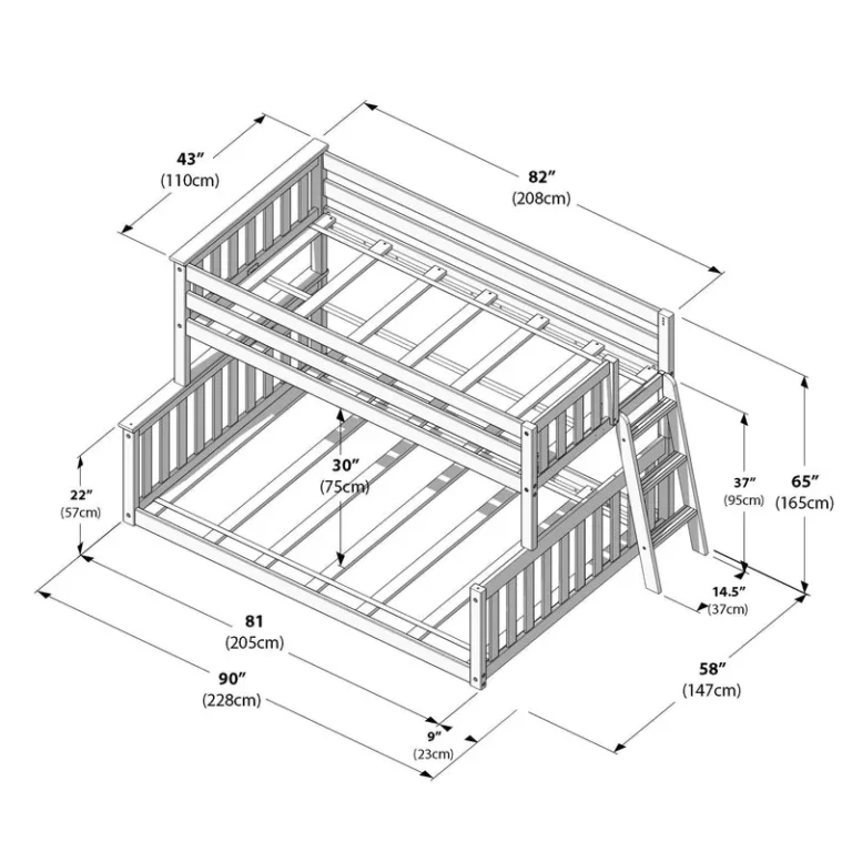 Max and Lily Twin Over Full Low Bunk Bed - dimensions diagram labeling the overall length, width, and height in inches and centimeters