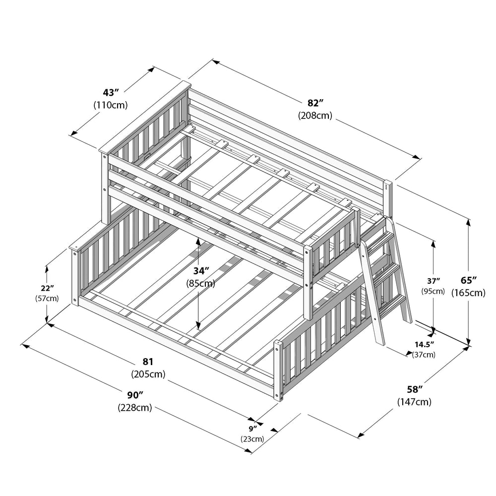 Max and Lily Twin Over Full Low Bunk Bed in Pecan - dimensions diagram with width, length, and height measurements in inches and centimeters