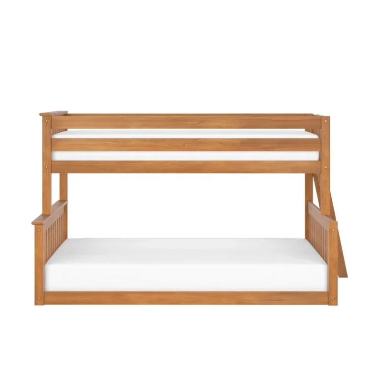 Max and Lily Twin Over Full Low Bunk Bed in Pecan - straight front view on a white background showing both the twin upper and full lower levels